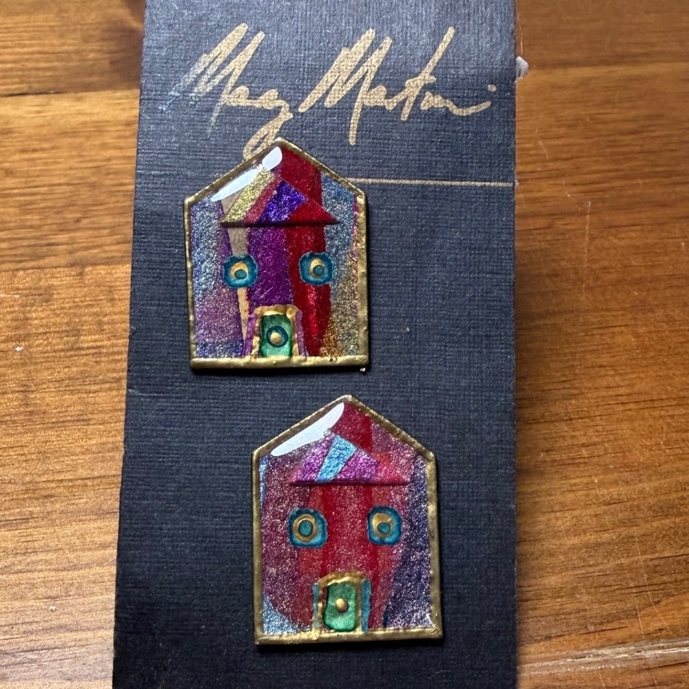 Mary Martin Art Glass House Earrings Multi‎ Color Abstract Glitter Studs Funky